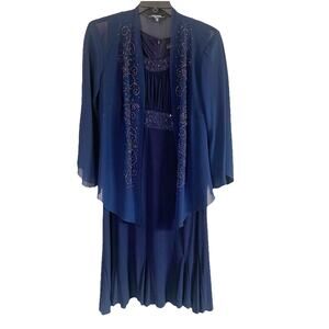 R&M Richards Navy Blue Women's Dress&Jacket Set 14W Beaded Mother of Bride Midi